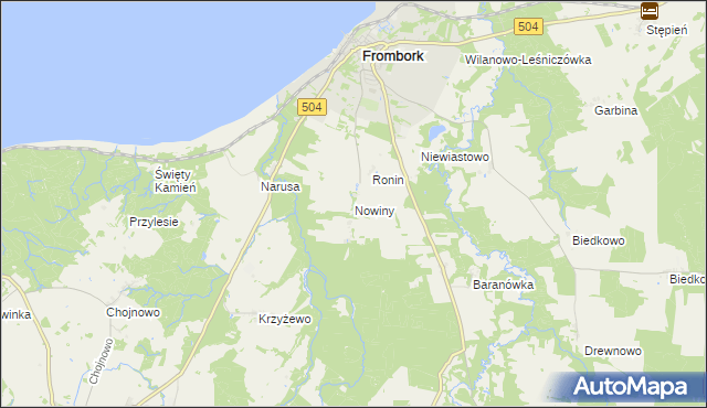 mapa Nowiny gmina Frombork, Nowiny gmina Frombork na mapie Targeo