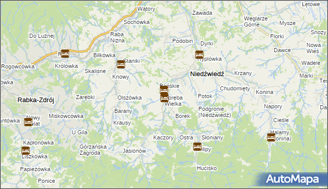 mapa Poręba Wielka gmina Niedźwiedź, Poręba Wielka gmina Niedźwiedź na mapie Targeo