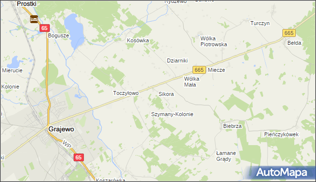 mapa Sikora gmina Grajewo, Sikora gmina Grajewo na mapie Targeo