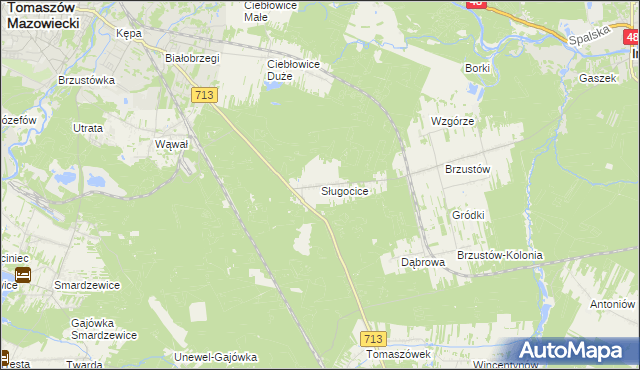 mapa Sługocice gmina Tomaszów Mazowiecki, Sługocice gmina Tomaszów Mazowiecki na mapie Targeo
