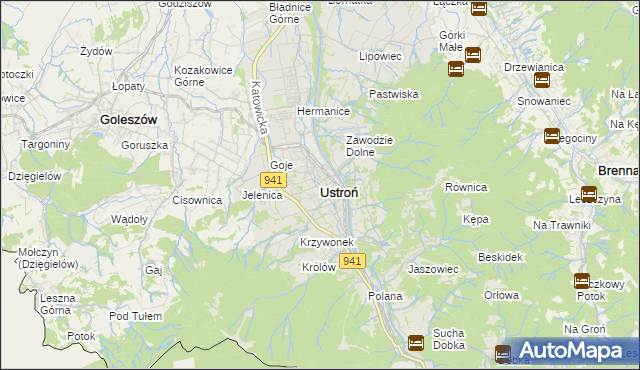 mapa Ustroń powiat cieszyński, Ustroń powiat cieszyński na mapie Targeo