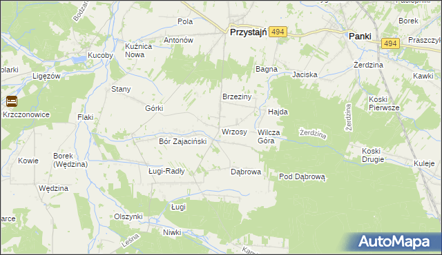 mapa Wrzosy gmina Przystajń, Wrzosy gmina Przystajń na mapie Targeo
