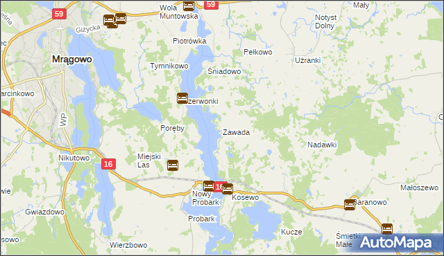 mapa Zawada gmina Mrągowo, Zawada gmina Mrągowo na mapie Targeo