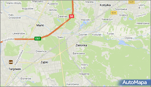 mapa Zielonka powiat wołomiński, Zielonka powiat wołomiński na mapie Targeo