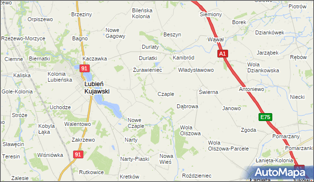 mapa Czaple gmina Lubień Kujawski, Czaple gmina Lubień Kujawski na mapie Targeo