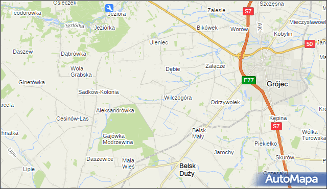 mapa Wilczogóra gmina Belsk Duży, Wilczogóra gmina Belsk Duży na mapie Targeo