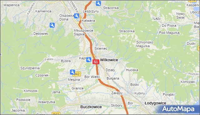 mapa Wilkowice powiat bielski, Wilkowice powiat bielski na mapie Targeo