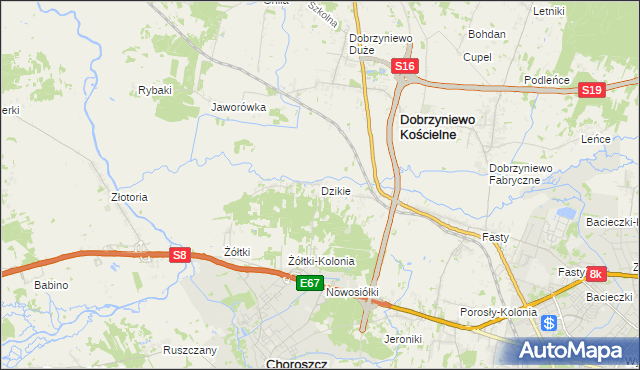 mapa Dzikie gmina Choroszcz, Dzikie gmina Choroszcz na mapie Targeo