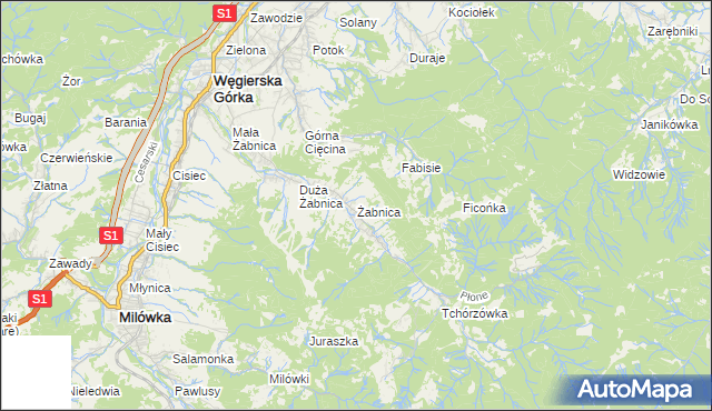 mapa Żabnica gmina Węgierska Górka, Żabnica gmina Węgierska Górka na mapie Targeo