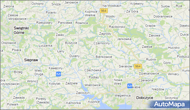 mapa Bieńkowice gmina Dobczyce, Bieńkowice gmina Dobczyce na mapie Targeo