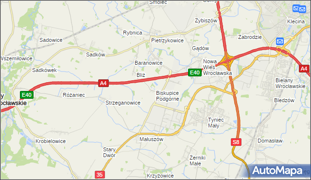 mapa Biskupice Podgórne, Biskupice Podgórne na mapie Targeo
