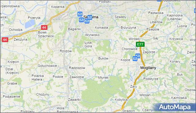 mapa Buków gmina Mogilany, Buków gmina Mogilany na mapie Targeo