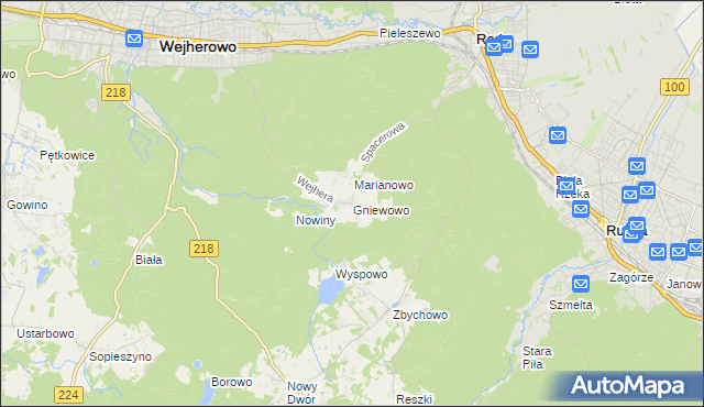 mapa Gniewowo gmina Wejherowo, Gniewowo gmina Wejherowo na mapie Targeo