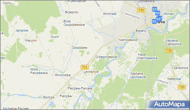 mapa Grzegorzewice gmina Warka, Grzegorzewice gmina Warka na mapie Targeo