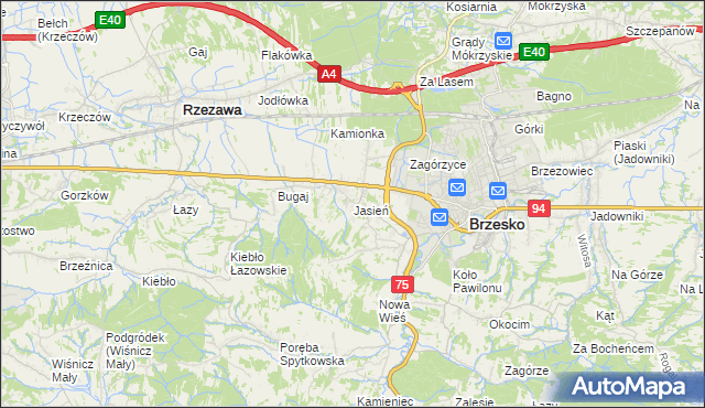 mapa Jasień gmina Brzesko, Jasień gmina Brzesko na mapie Targeo