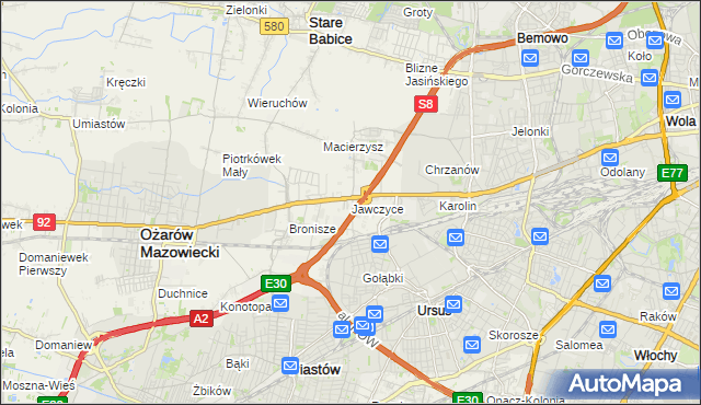 mapa Jawczyce gmina Ożarów Mazowiecki, Jawczyce gmina Ożarów Mazowiecki na mapie Targeo
