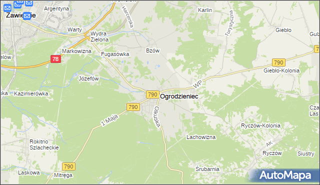 mapa Ogrodzieniec powiat zawierciański, Ogrodzieniec powiat zawierciański na mapie Targeo