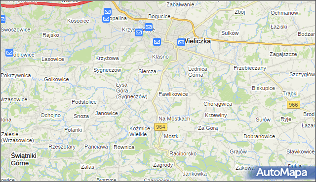 mapa Pawlikowice gmina Wieliczka, Pawlikowice gmina Wieliczka na mapie Targeo