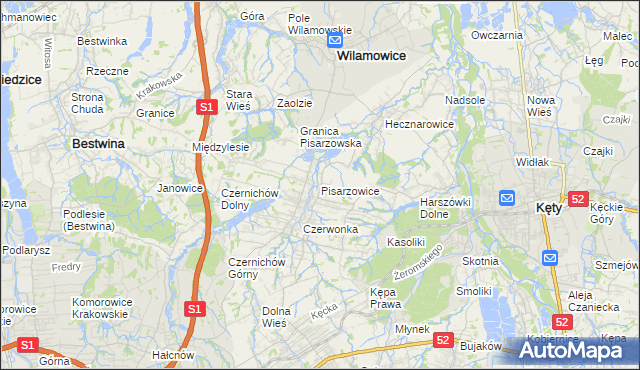 mapa Pisarzowice gmina Wilamowice, Pisarzowice gmina Wilamowice na mapie Targeo