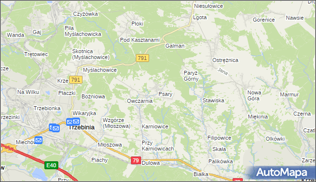 mapa Psary gmina Trzebinia, Psary gmina Trzebinia na mapie Targeo