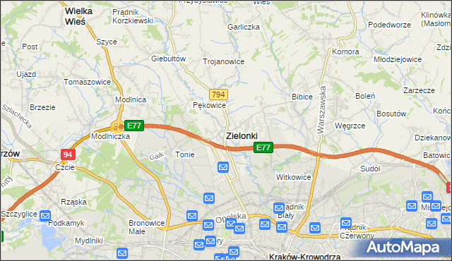 mapa Zielonki powiat krakowski, Zielonki powiat krakowski na mapie Targeo