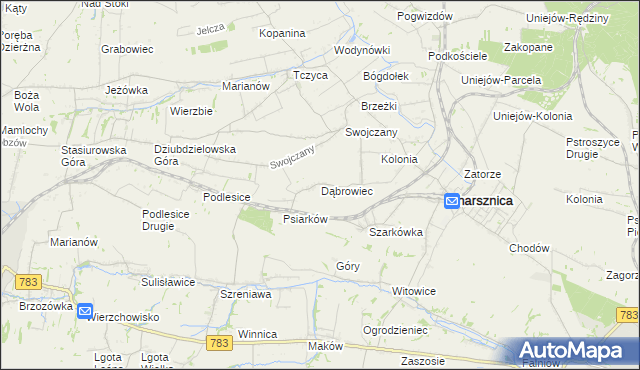 mapa Dąbrowiec gmina Charsznica, Dąbrowiec gmina Charsznica na mapie Targeo
