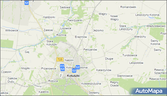 mapa Felicjanów gmina Koluszki, Felicjanów gmina Koluszki na mapie Targeo