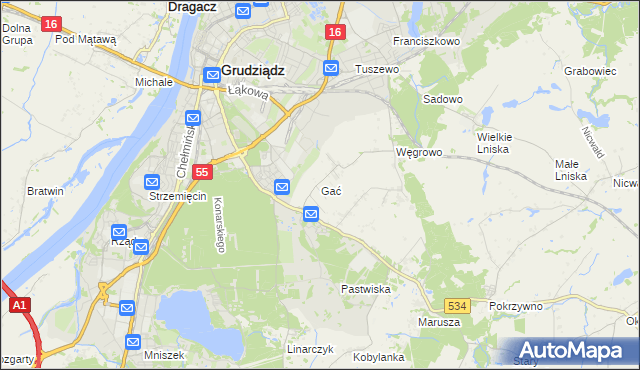 mapa Gać gmina Grudziądz, Gać gmina Grudziądz na mapie Targeo