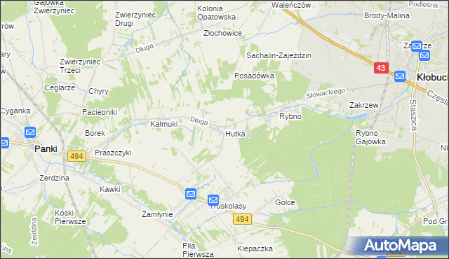 mapa Hutka gmina Wręczyca Wielka, Hutka gmina Wręczyca Wielka na mapie Targeo