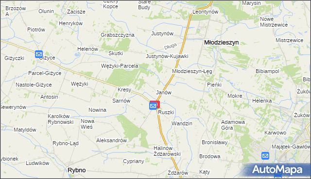 mapa Janów gmina Młodzieszyn, Janów gmina Młodzieszyn na mapie Targeo