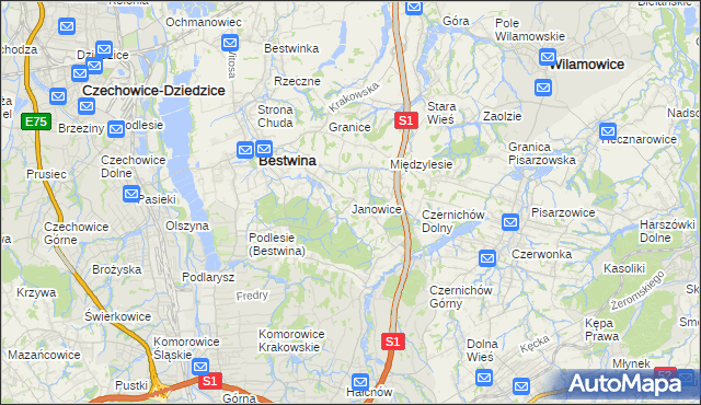 mapa Janowice gmina Bestwina, Janowice gmina Bestwina na mapie Targeo