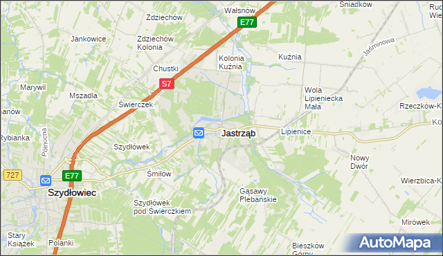 mapa Jastrząb powiat szydłowiecki, Jastrząb powiat szydłowiecki na mapie Targeo