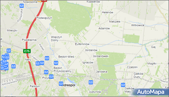 mapa Jordanów gmina Brzeziny, Jordanów gmina Brzeziny na mapie Targeo