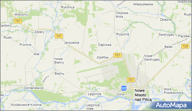 mapa Józefów gmina Nowe Miasto nad Pilicą, Józefów gmina Nowe Miasto nad Pilicą na mapie Targeo