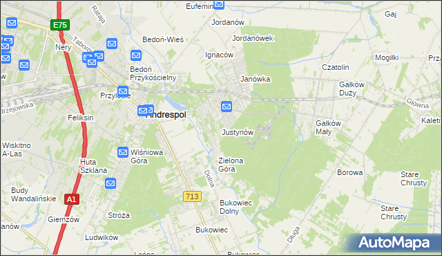 mapa Justynów gmina Andrespol, Justynów gmina Andrespol na mapie Targeo