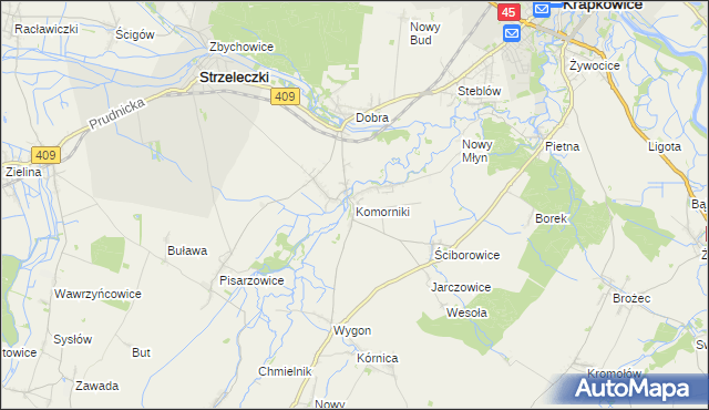 mapa Komorniki gmina Strzeleczki, Komorniki gmina Strzeleczki na mapie Targeo