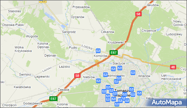 mapa Komorów gmina Tomaszów Mazowiecki, Komorów gmina Tomaszów Mazowiecki na mapie Targeo