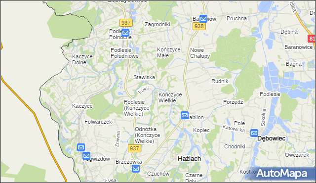 mapa Kończyce Wielkie, Kończyce Wielkie na mapie Targeo