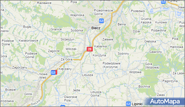 mapa Korczyna gmina Biecz, Korczyna gmina Biecz na mapie Targeo