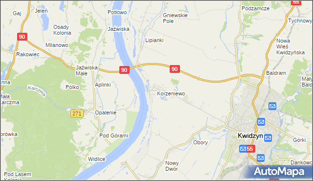 mapa Korzeniewo gmina Kwidzyn, Korzeniewo gmina Kwidzyn na mapie Targeo