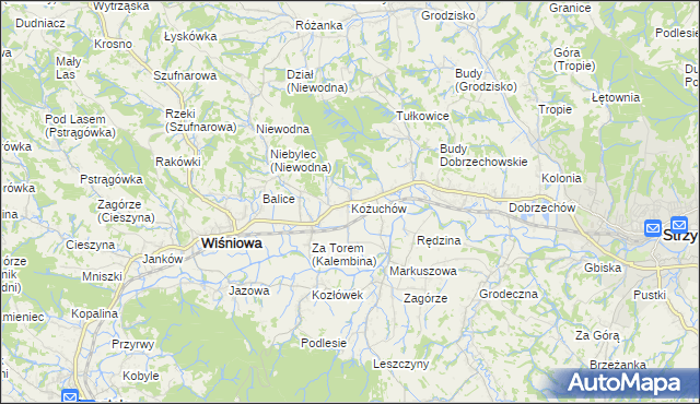 mapa Kożuchów gmina Wiśniowa, Kożuchów gmina Wiśniowa na mapie Targeo