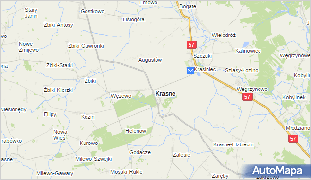 mapa Krasne powiat przasnyski, Krasne powiat przasnyski na mapie Targeo