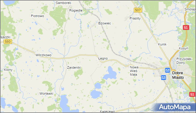 mapa Łęgno gmina Dobre Miasto, Łęgno gmina Dobre Miasto na mapie Targeo