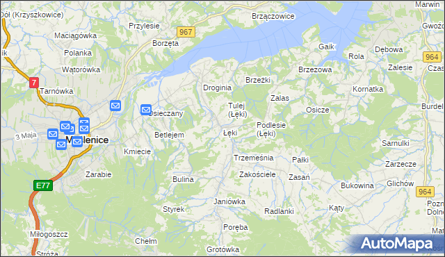 mapa Łęki gmina Myślenice, Łęki gmina Myślenice na mapie Targeo