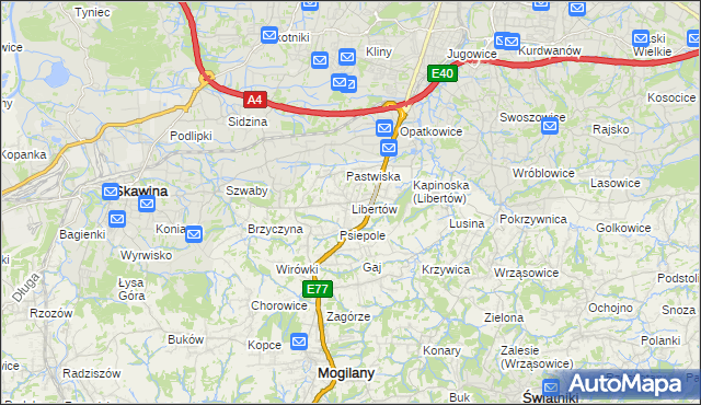 mapa Libertów gmina Mogilany, Libertów gmina Mogilany na mapie Targeo