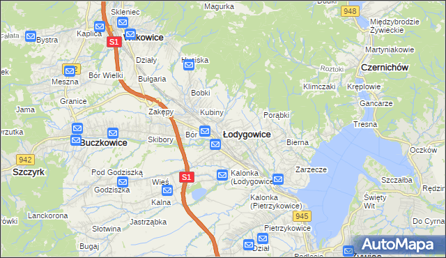 mapa Łodygowice powiat żywiecki, Łodygowice powiat żywiecki na mapie Targeo