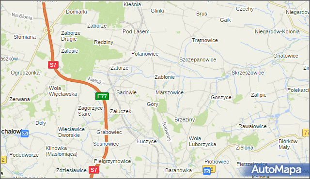 mapa Marszowice gmina Kocmyrzów-Luborzyca, Marszowice gmina Kocmyrzów-Luborzyca na mapie Targeo