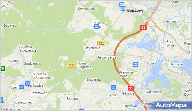 mapa Międzyrzecze gmina Bojszowy, Międzyrzecze gmina Bojszowy na mapie Targeo