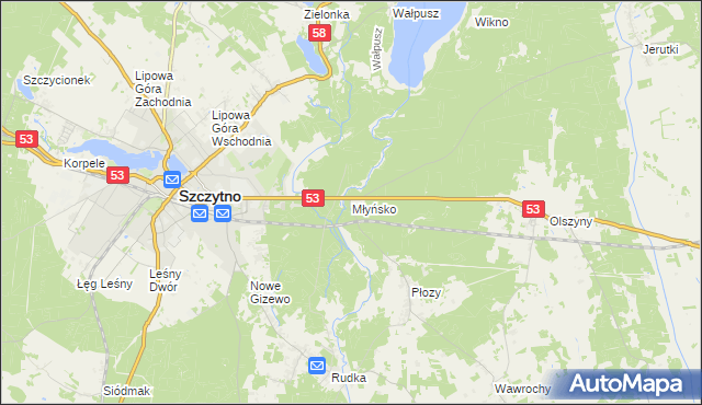 mapa Młyńsko gmina Szczytno, Młyńsko gmina Szczytno na mapie Targeo