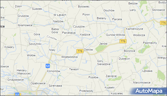 mapa Ostrów gmina Proszowice, Ostrów gmina Proszowice na mapie Targeo